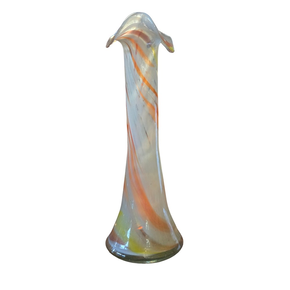 Vintage Boho Hand Blown Art Glass Bud Vase Orange White Yellow Swirl Ruffled Top